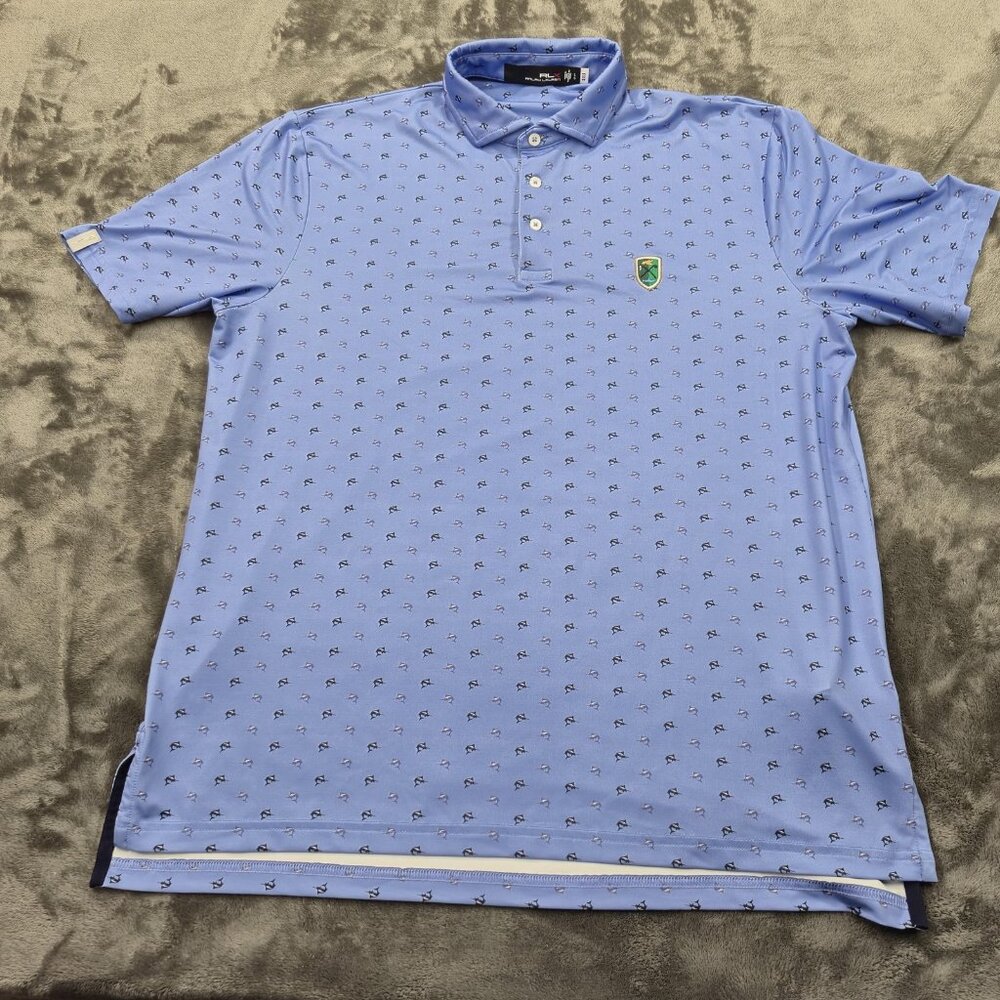 RLX Ralph Lauren Polo Shirt Mens Large Blue Golf Performance Marlin Fish Print